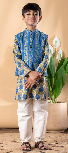Blue color Boys Kurta Pyjama with Jacket in Cotton fabric with Printed work