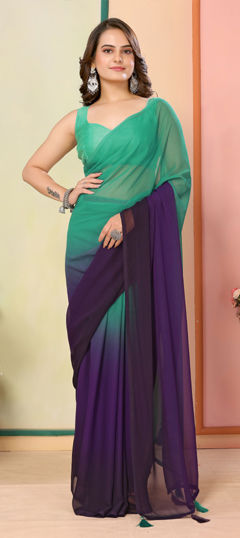 Green color Readymade Saree in Georgette fabric with Printed work