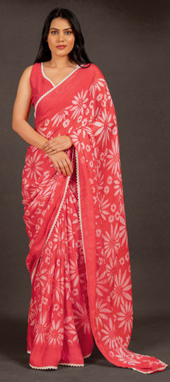 Red and Maroon color Saree in Chiffon fabric with Floral, Lace, Printed work