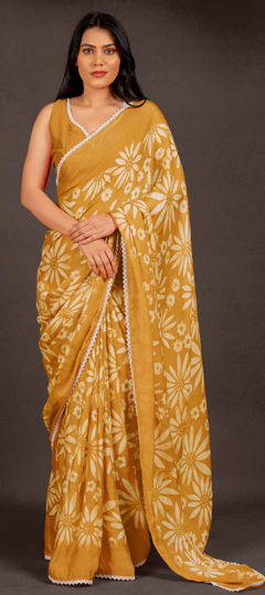 Yellow color Saree in Chiffon fabric with Floral, Lace, Printed work
