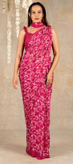 Pink and Majenta color Saree in Chiffon fabric with Floral, Lace, Printed work
