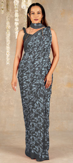 Black and Grey color Saree in Chiffon fabric with Floral, Lace, Printed work