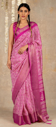 Pink and Majenta color Saree in Silk cotton fabric with Printed work
