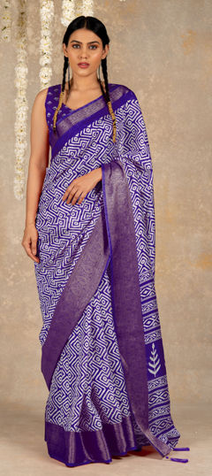 Purple and Violet color Saree in Silk cotton fabric with Printed work