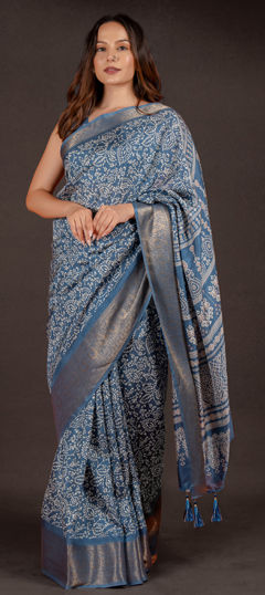Blue color Saree in Silk cotton fabric with Floral, Printed work