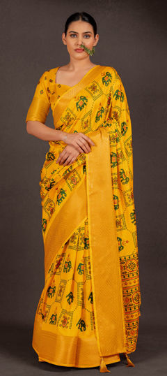Yellow color Saree in Silk cotton fabric with Floral, Printed work