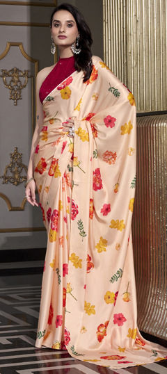 Beige and Brown color Saree in Satin Silk fabric with Floral, Printed work
