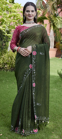 Green color Saree in Chiffon fabric with Patch, Stone, Zardozi work