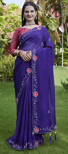 Purple and Violet color Saree in Chiffon fabric with Patch, Stone, Zardozi work