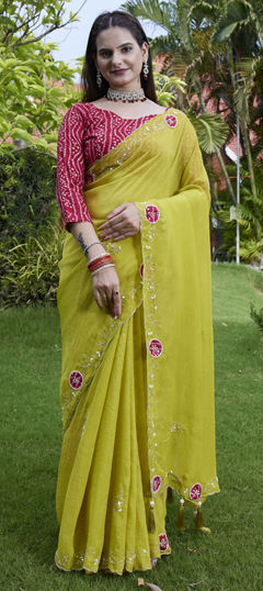Yellow color Saree in Chiffon fabric with Patch, Stone, Zardozi work