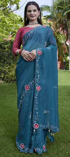 Blue color Saree in Chiffon fabric with Patch, Stone, Zardozi work