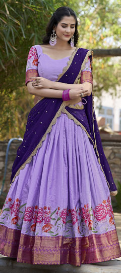 Purple and Violet color Lehenga in Silk cotton fabric with Embroidered, Thread work