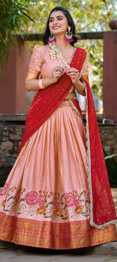 Pink and Majenta color Lehenga in Silk cotton fabric with Embroidered, Thread work