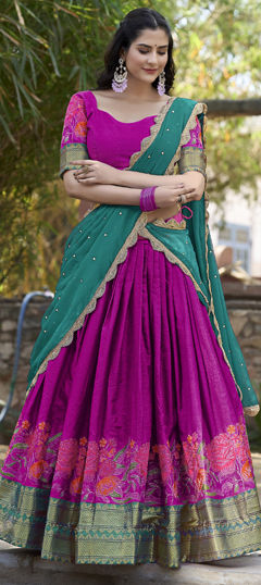 Pink and Majenta color Lehenga in Silk cotton fabric with Embroidered, Thread work