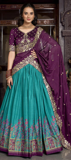 Blue color Lehenga in Tussar Silk fabric with Foil Print, Printed work