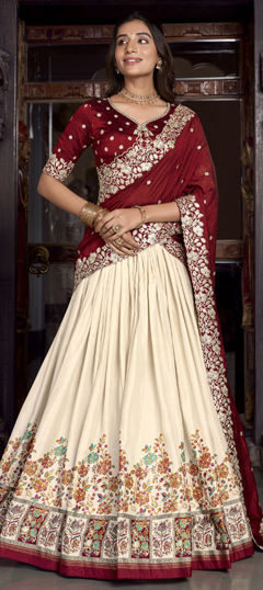 White and Off White color Lehenga in Tussar Silk fabric with Foil Print, Printed work