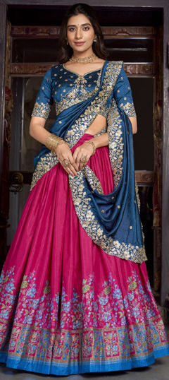 Pink and Majenta color Lehenga in Tussar Silk fabric with Foil Print, Printed work