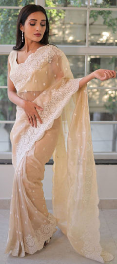 Beige and Brown color Saree in Georgette fabric with Embroidered, Thread work