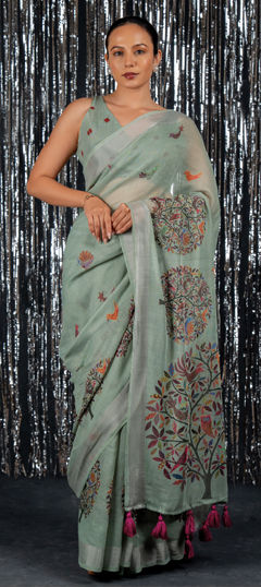 Green color Saree in Linen fabric with Printed work