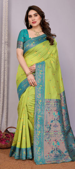 Green color Saree in Banarasi Silk fabric with Weaving work