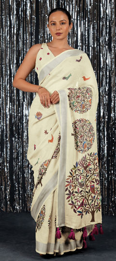White and Off White color Saree in Linen fabric with Printed work