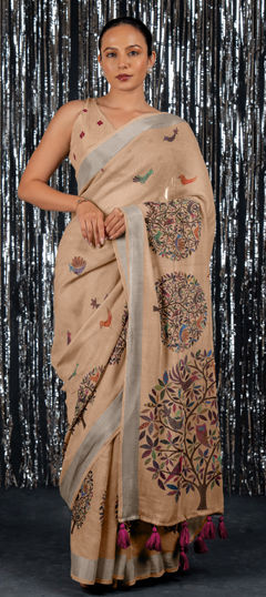 Pink and Majenta color Saree in Linen fabric with Printed work