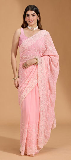 Pink and Majenta color Saree in Georgette fabric with Embroidered, Thread work