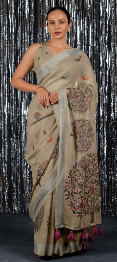 Beige and Brown color Saree in Linen fabric with Printed work