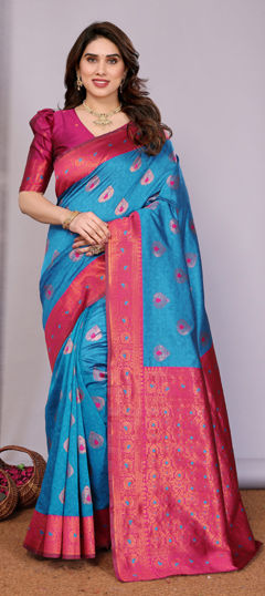 Blue color Saree in Banarasi Silk fabric with Weaving work