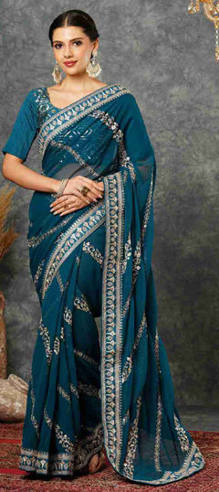 Blue color Saree in Georgette fabric with Embroidered, Sequence, Thread, Zari work