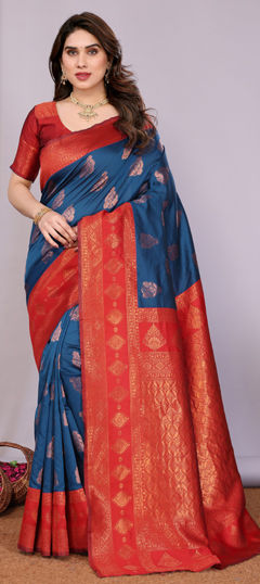 Blue color Saree in Banarasi Silk fabric with Weaving work