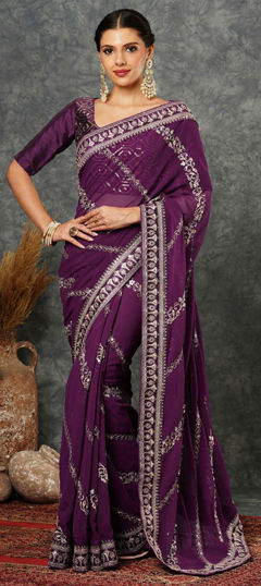 Pink and Majenta color Saree in Georgette fabric with Embroidered, Sequence, Thread, Zari work