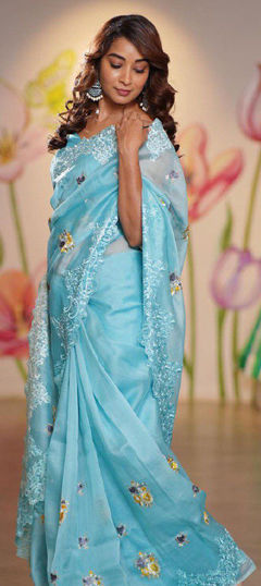 Blue color Saree in Organza Silk fabric with Embroidered, Thread work