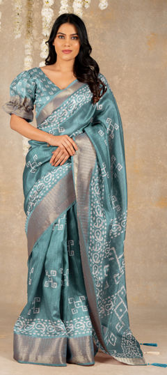 Blue color Saree in Silk cotton fabric with Printed work