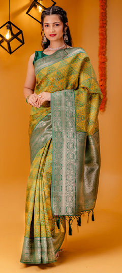Green, Yellow color Saree in Banarasi Silk fabric with Printed, Weaving, Zari work