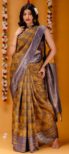 Blue, Yellow color Saree in Banarasi Silk fabric with Printed, Weaving, Zari work
