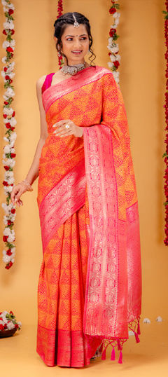 Pink and Majenta color Saree in Banarasi Silk fabric with Printed, Weaving, Zari work