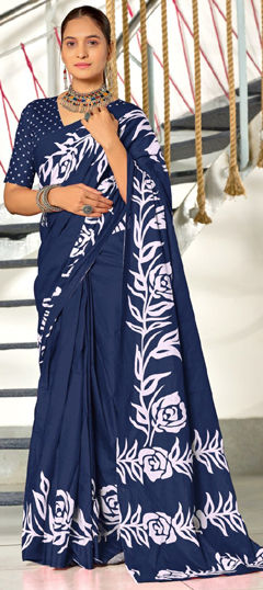 Blue color Saree in Cotton fabric with Printed work