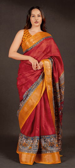 Red and Maroon color Saree in Silk cotton fabric with Printed work