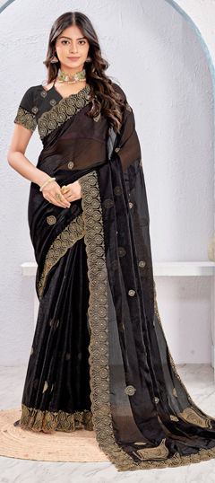 Black and Grey color Saree in Silk fabric with Embroidered, Thread, Zari work