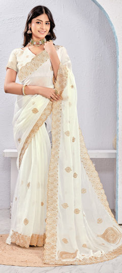 White and Off White color Saree in Silk fabric with Embroidered, Thread, Zari work