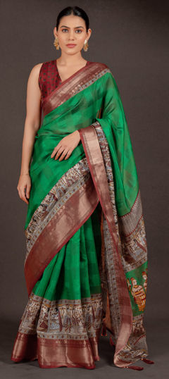 Green color Saree in Silk cotton fabric with Printed work