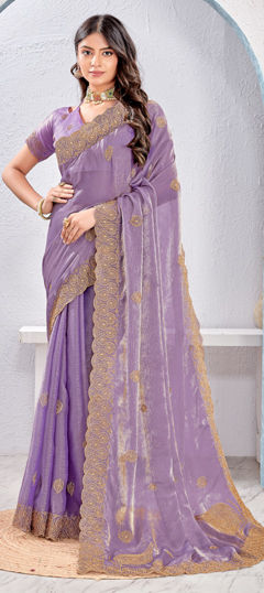 Purple and Violet color Saree in Silk fabric with Embroidered, Thread, Zari work