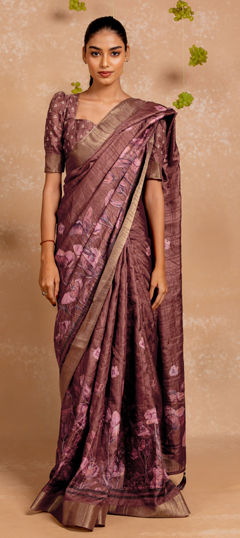 Red and Maroon color Saree in Silk cotton fabric with Floral, Printed work