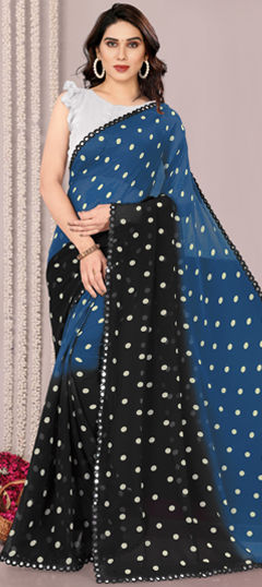 Blue color Saree in Faux Georgette fabric with Printed work