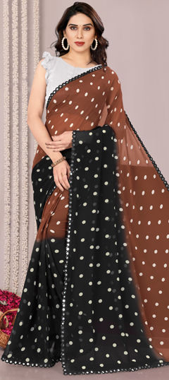Beige and Brown color Saree in Faux Georgette fabric with Printed work