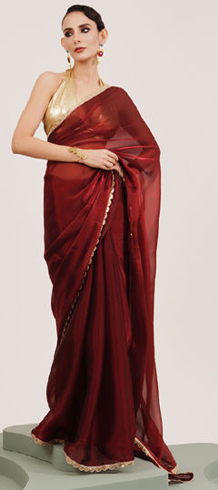 Red and Maroon color Saree in Organza Silk fabric with Lace, Sequence work