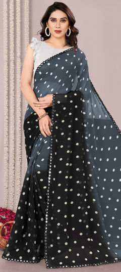 Black and Grey color Saree in Faux Georgette fabric with Printed work