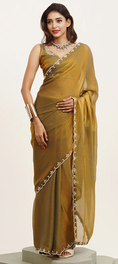 Yellow color Saree in Satin Silk fabric with Bugle Beads, Lace, Stone work