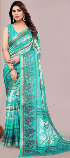 Blue color Saree in Silk cotton fabric with Printed, Tye n Dye work